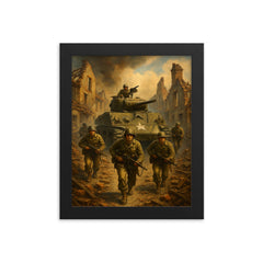 Task Force Butler crossing shattered French village framed print on a plain backdrop in size 8"x10".