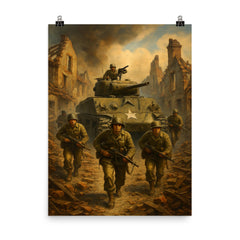Task Force Butler crossing shattered French village poster on a plain backdrop in size 8"x10".