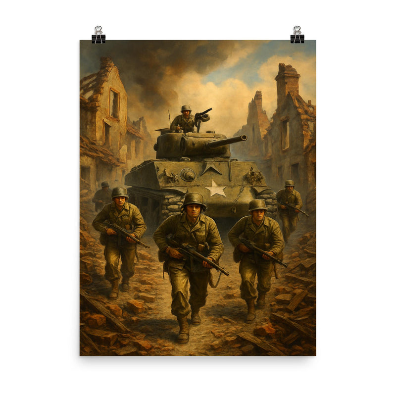 Task Force Butler crossing shattered French village poster on a plain backdrop in size 8