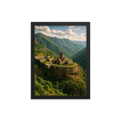 Tatev Monastery Gorge Armenia framed print on a plain backdrop in size 12"x16".