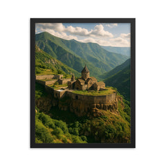 Tatev Monastery Gorge Armenia framed print on a plain backdrop in size 16"x20".