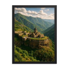 Tatev Monastery Gorge Armenia framed print on a plain backdrop in size 18"x24".