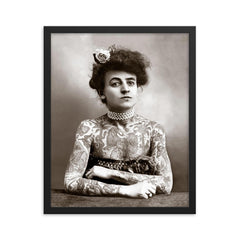 Tattooed Lady - Maude Wagner, 1907 - the first female tattoo artist framed print on a plain backdrop in size 16"x20".