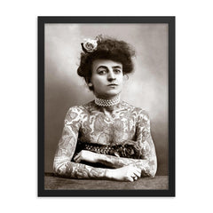 Tattooed Lady - Maude Wagner, 1907 - the first female tattoo artist framed print on a plain backdrop in size 18"x24".