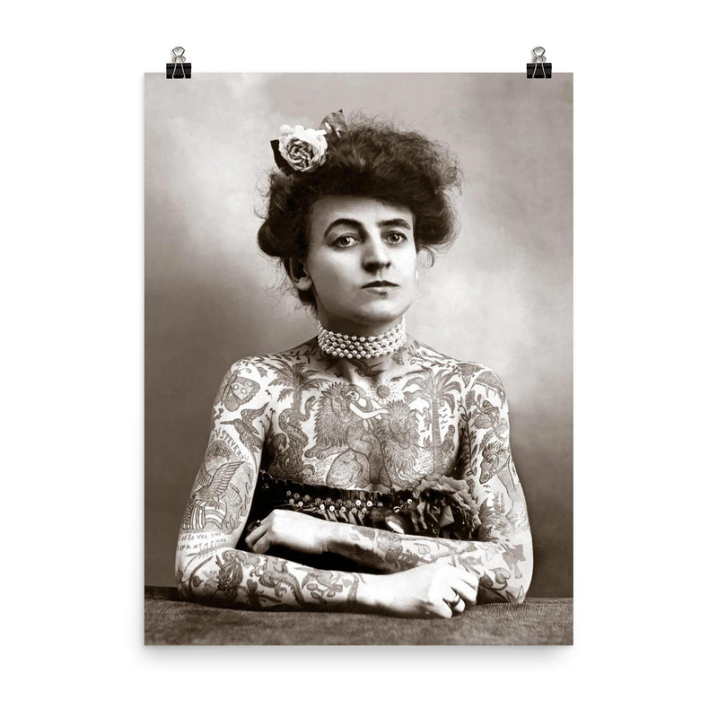 Tattooed Lady - Maude Wagner, 1907 - the first female tattoo artist poster on a plain backdrop in size 8