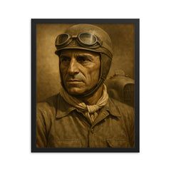 Tazio Nuvolari framed print on a plain backdrop in size 16"x20".