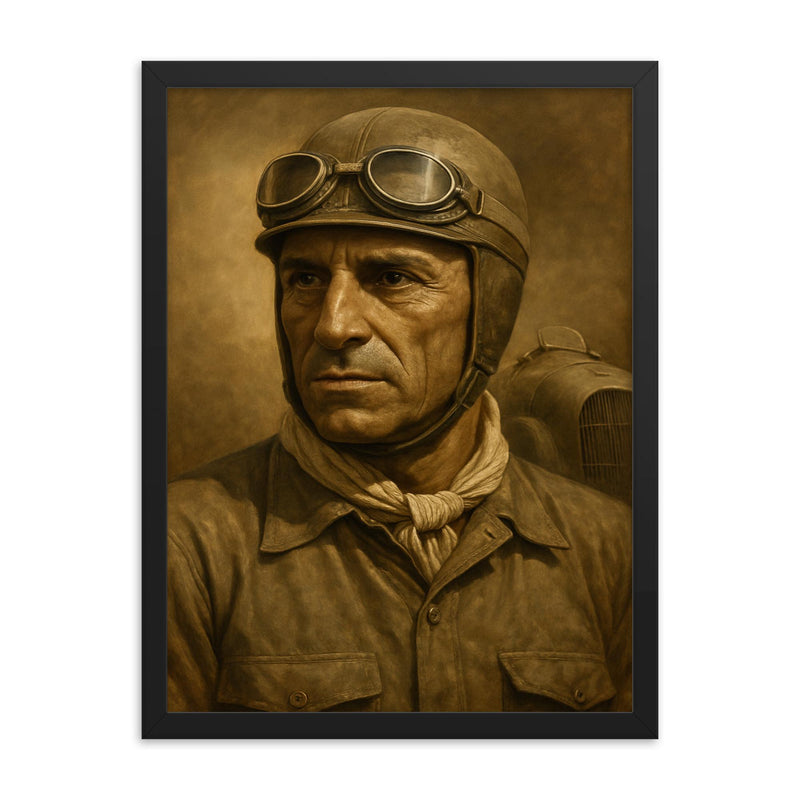Tazio Nuvolari framed print on a plain backdrop in size 18