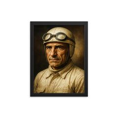 Tazio Nuvolari portrait framed print on a plain backdrop in size 12"x16".