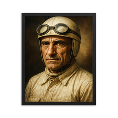 Tazio Nuvolari portrait framed print on a plain backdrop in size 16"x20".