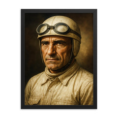 Tazio Nuvolari portrait framed print on a plain backdrop in size 18"x24".