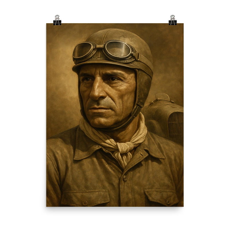 Tazio Nuvolari poster on a plain backdrop in size 8