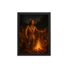 Tecumseh before the confederacy council fire framed print on a plain backdrop in size 12"x16".