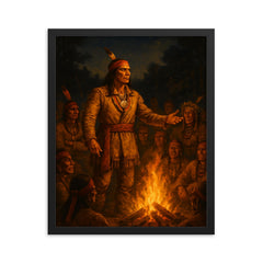 Tecumseh before the confederacy council fire framed print on a plain backdrop in size 16"x20".