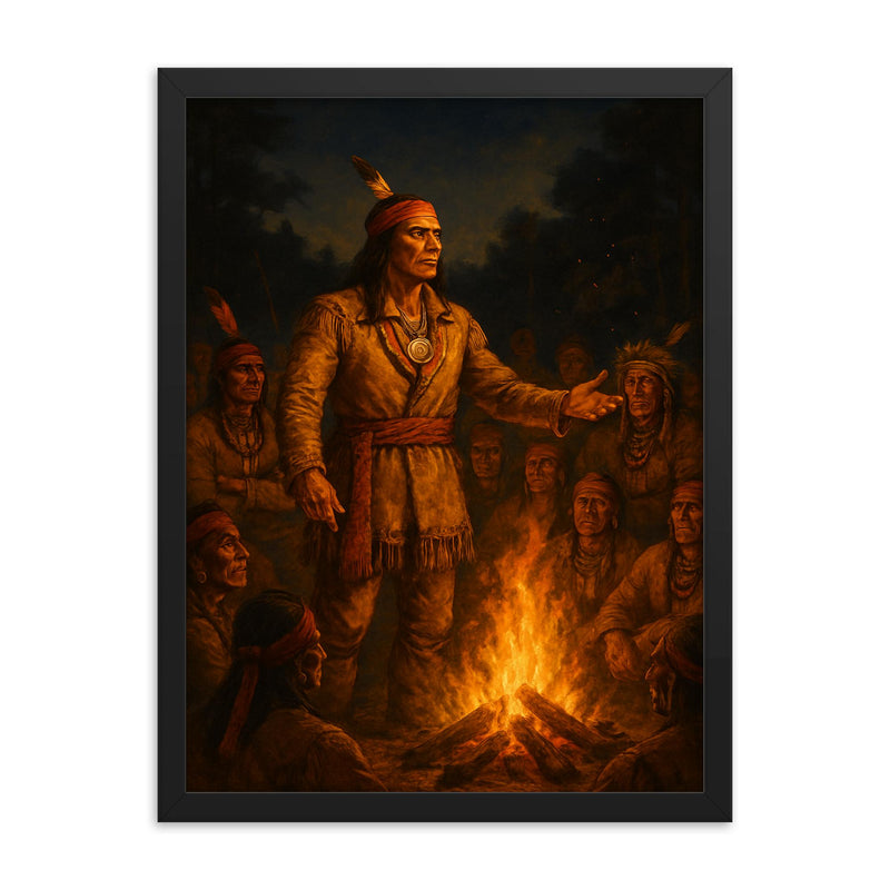 Tecumseh before the confederacy council fire framed print on a plain backdrop in size 18