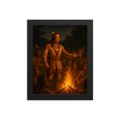 Tecumseh before the confederacy council fire framed print on a plain backdrop in size 8"x10".
