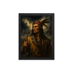 Tecumseh beneath storm clouds and tomahawk framed print on a plain backdrop in size 12"x16".