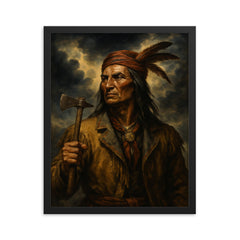 Tecumseh beneath storm clouds and tomahawk framed print on a plain backdrop in size 16"x20".