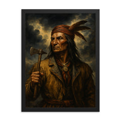 Tecumseh beneath storm clouds and tomahawk framed print on a plain backdrop in size 18"x24".