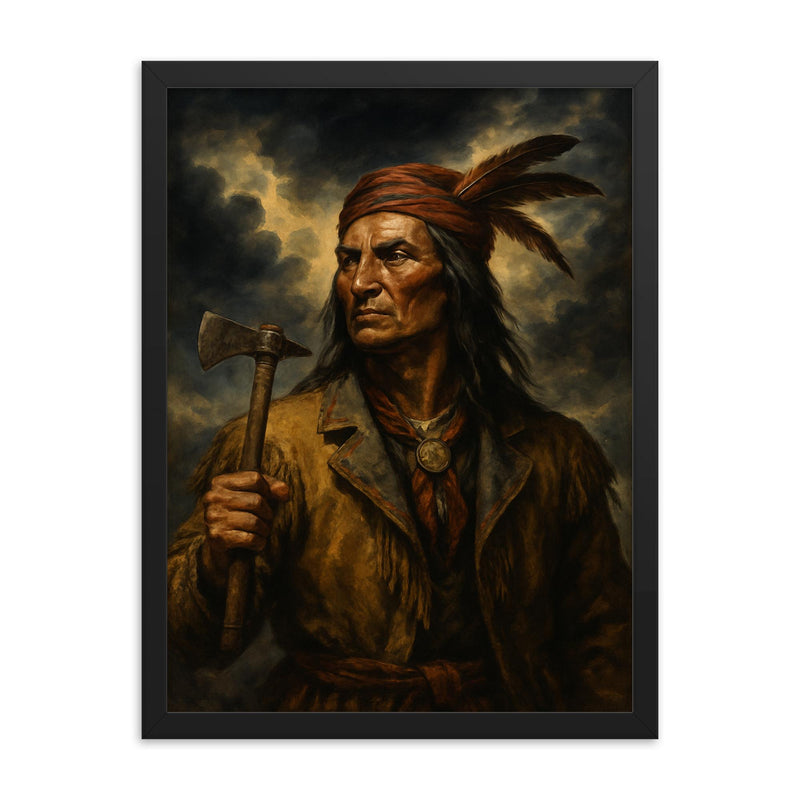 Tecumseh beneath storm clouds and tomahawk framed print on a plain backdrop in size 18