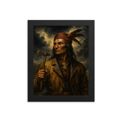 Tecumseh beneath storm clouds and tomahawk framed print on a plain backdrop in size 8"x10".