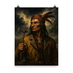 Tecumseh beneath storm clouds and tomahawk poster on a plain backdrop in size 8"x10".