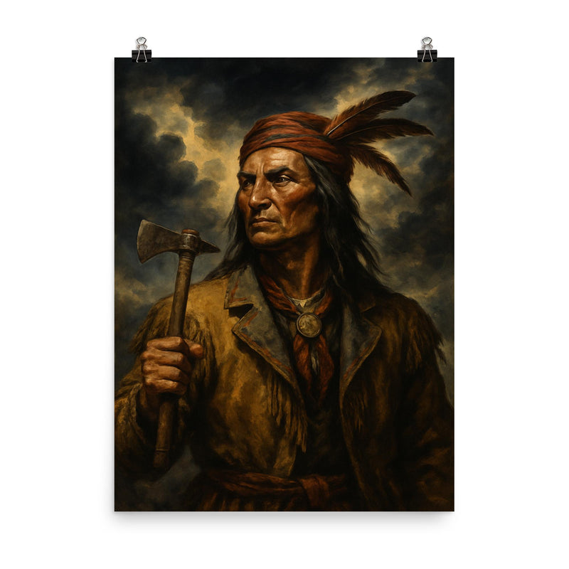 Tecumseh beneath storm clouds and tomahawk poster on a plain backdrop in size 8