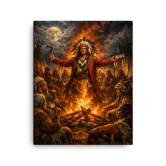 Tecumseh forging pan tribal alliance by fire canvas print on a plain backdrop in size 16"x20".