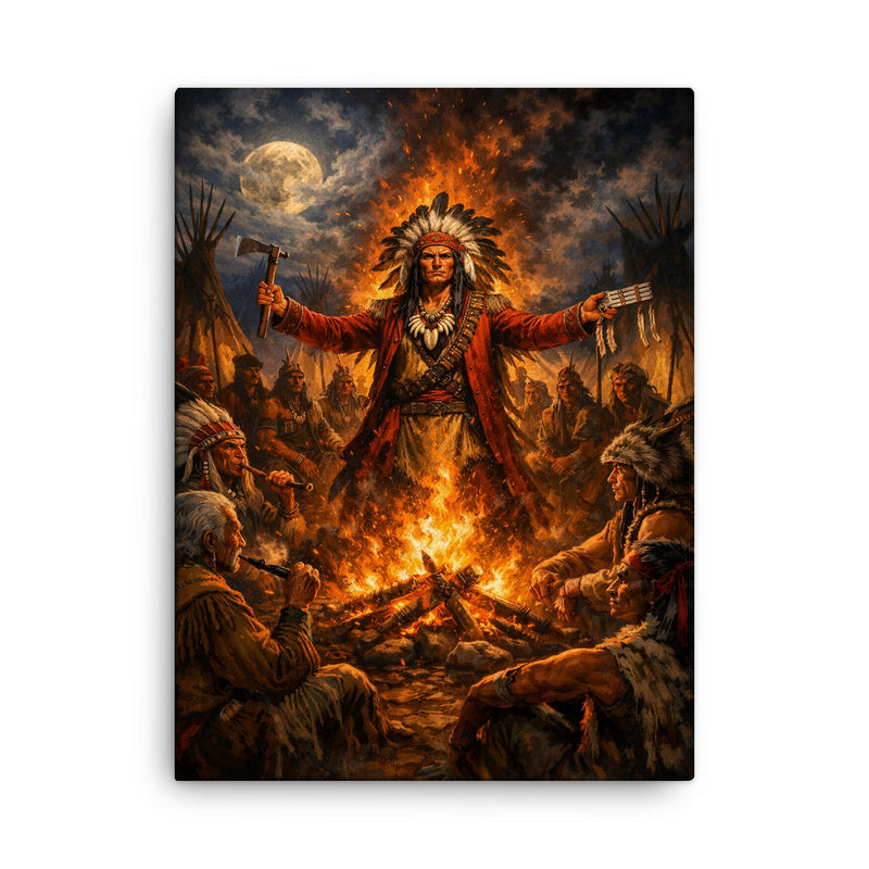 Tecumseh forging pan tribal alliance by fire canvas print on a plain backdrop in size 18