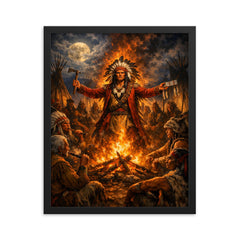 Tecumseh forging pan tribal alliance by fire framed print on a plain backdrop in size 16"x20".