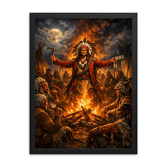 Tecumseh forging pan tribal alliance by fire framed print on a plain backdrop in size 18"x24".
