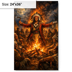Tecumseh forging pan tribal alliance by fire metal print on a plain backdrop in size 24"x36".