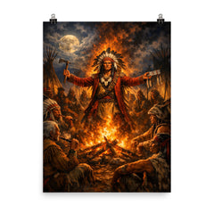 Tecumseh forging pan tribal alliance by fire poster on a plain backdrop in size 8"x10".