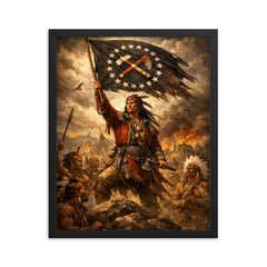 Tecumseh raising confederacy banner framed print on a plain backdrop in size 16"x20".