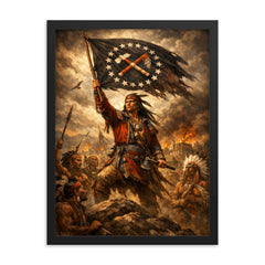 Tecumseh raising confederacy banner framed print on a plain backdrop in size 18"x24".