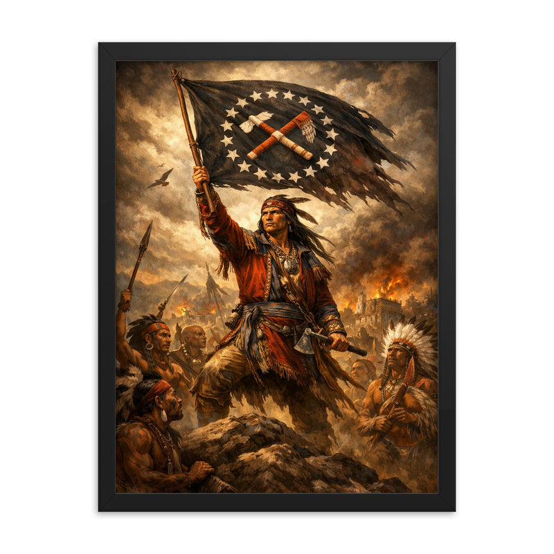 Tecumseh raising confederacy banner framed print on a plain backdrop in size 18