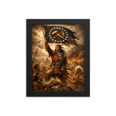 Tecumseh raising confederacy banner framed print on a plain backdrop in size 8"x10".