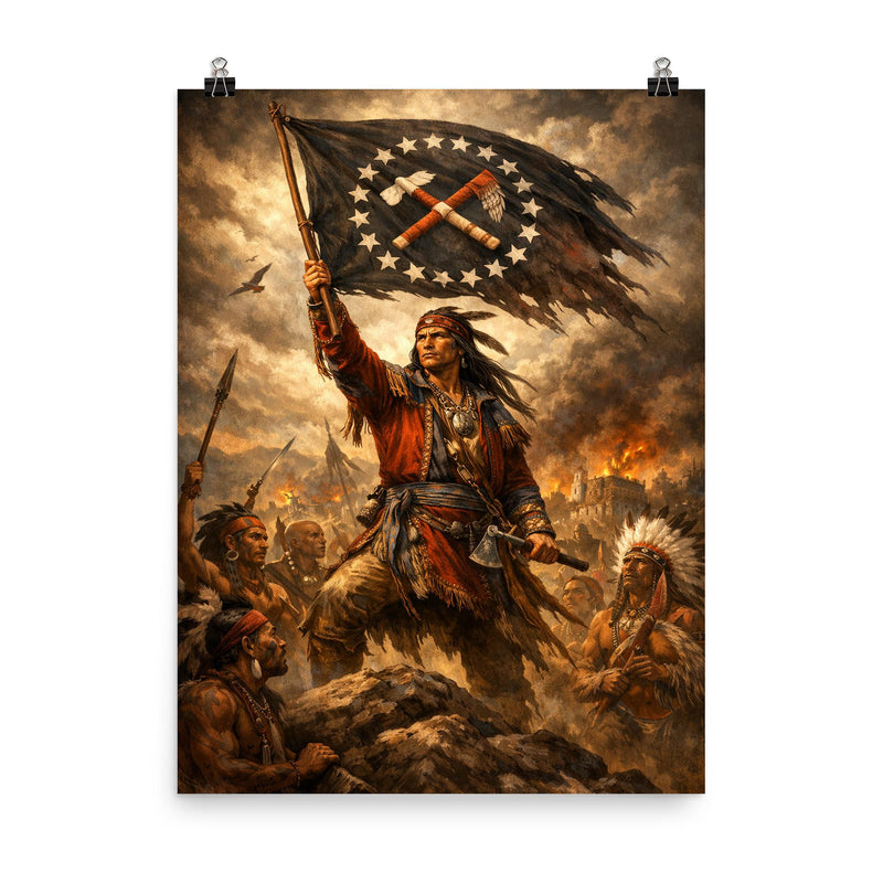 Tecumseh raising confederacy banner poster on a plain backdrop in size 8