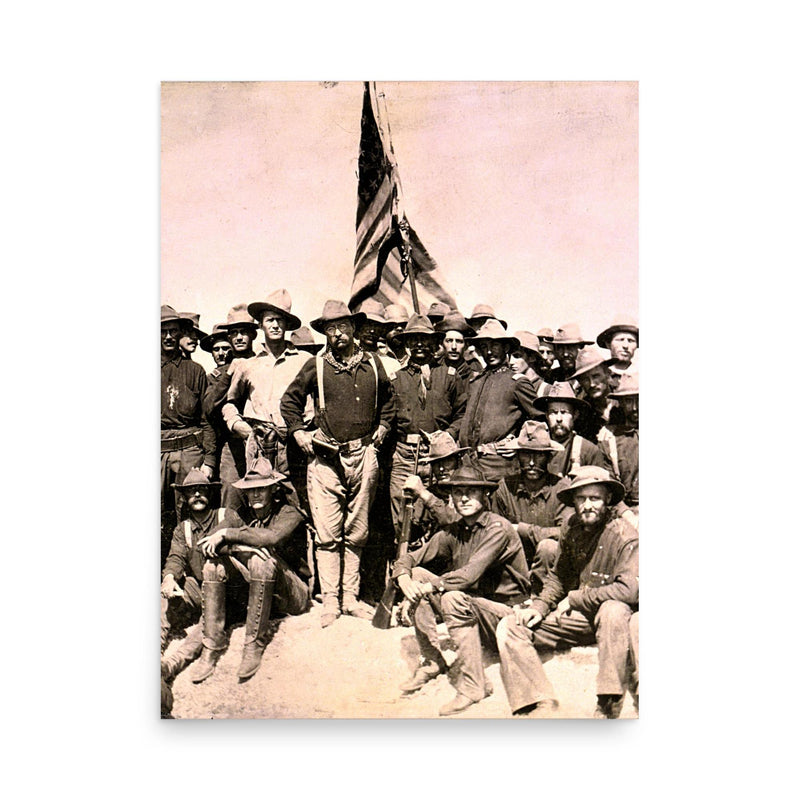 Teddy Roosevelt and the Rough Riders poster on a plain backdrop in size 18