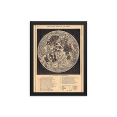 Telescopic view of the Moon - vintage lunar map framed print on a plain backdrop in size 12"x16".