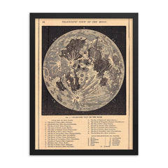 Telescopic view of the Moon - vintage lunar map framed print on a plain backdrop in size 18"x24".