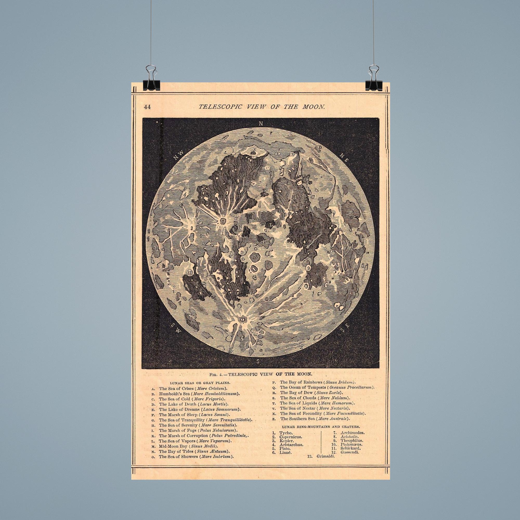 Vintage Telescopic Moon Wall Art Poster Print – Detailed Lunar Map