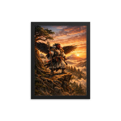 Tengu yamabushi on cedar ridge at sunrise framed print on a plain backdrop in size 12"x16".