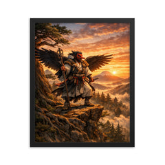 Tengu yamabushi on cedar ridge at sunrise framed print on a plain backdrop in size 16"x20".
