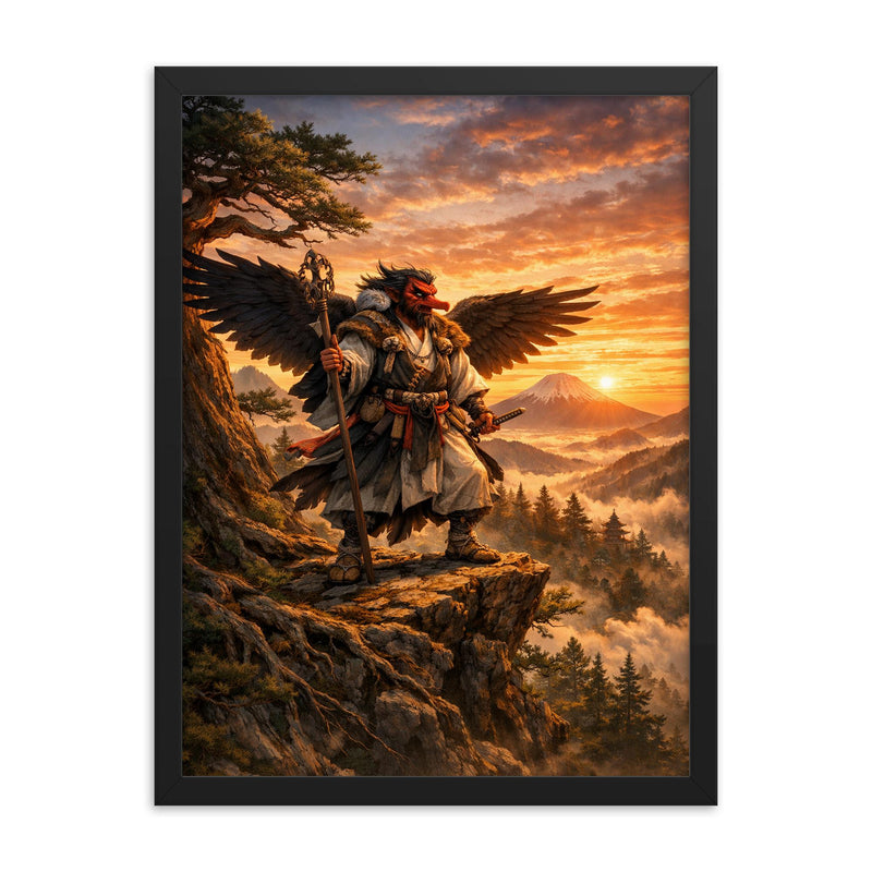 Tengu yamabushi on cedar ridge at sunrise framed print on a plain backdrop in size 18