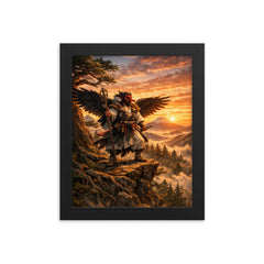 Tengu yamabushi on cedar ridge at sunrise framed print on a plain backdrop in size 8"x10".