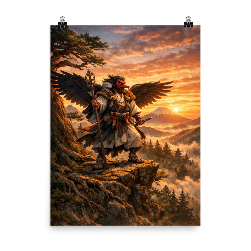 Tengu yamabushi on cedar ridge at sunrise poster on a plain backdrop in size 8