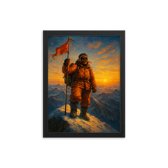Tenzing Norgay at Everest summit dawn framed print on a plain backdrop in size 12"x16".