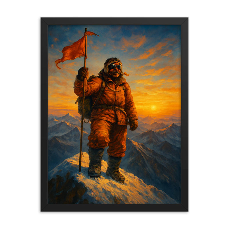 Tenzing Norgay at Everest summit dawn framed print on a plain backdrop in size 18