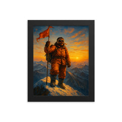 Tenzing Norgay at Everest summit dawn framed print on a plain backdrop in size 8"x10".