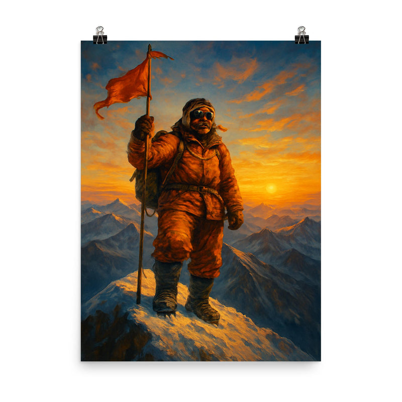 Tenzing Norgay at Everest summit dawn poster on a plain backdrop in size 8